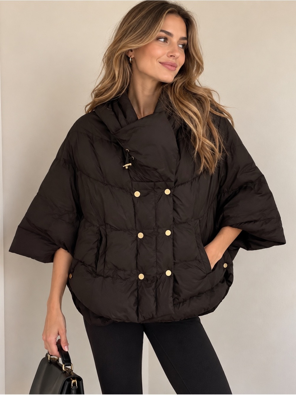 STEFANEL Hooded Cape Puffer Jacket Gold Snap Detail Size S